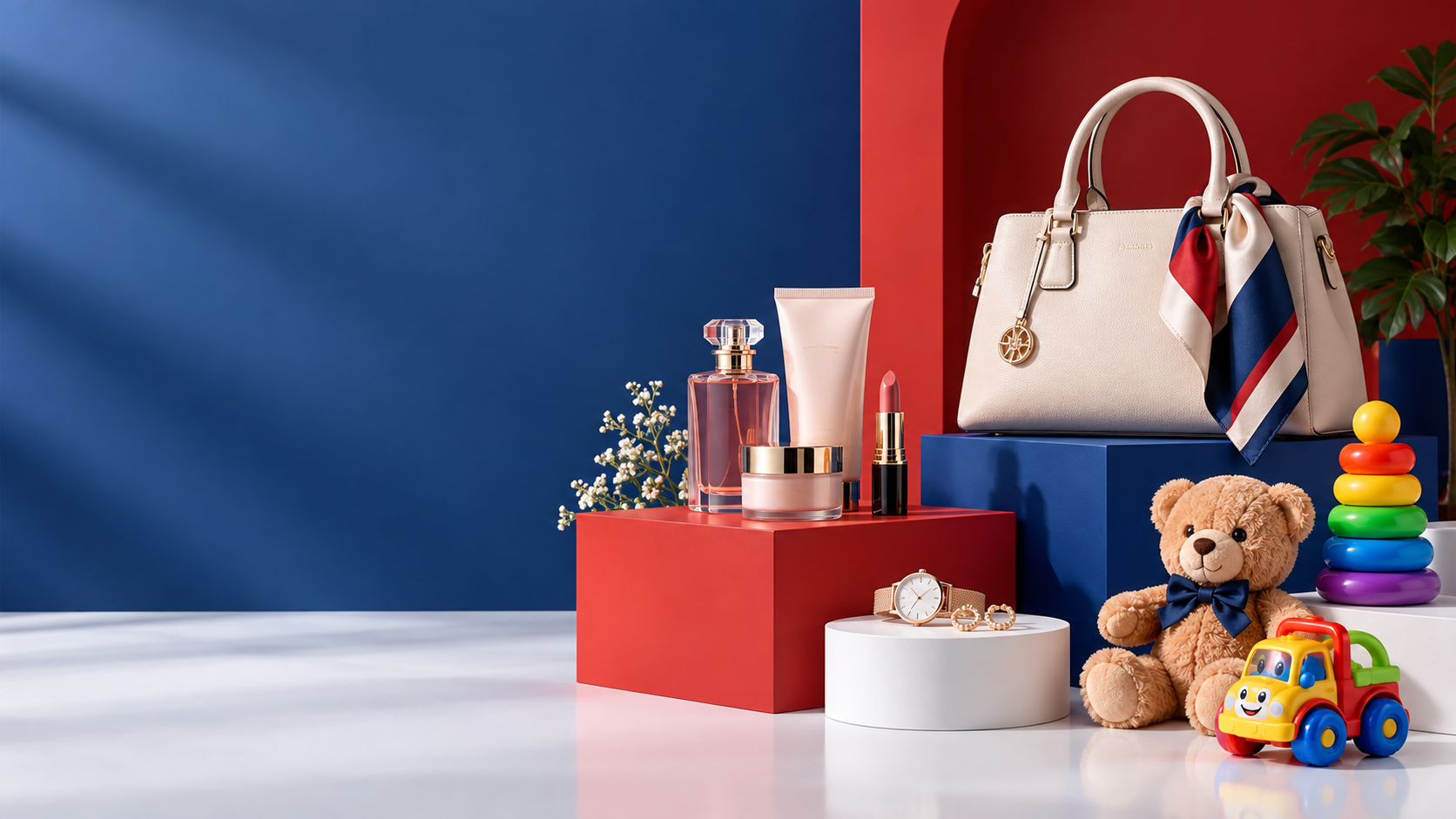 Selección de cosméticos, accesorios y juguetes